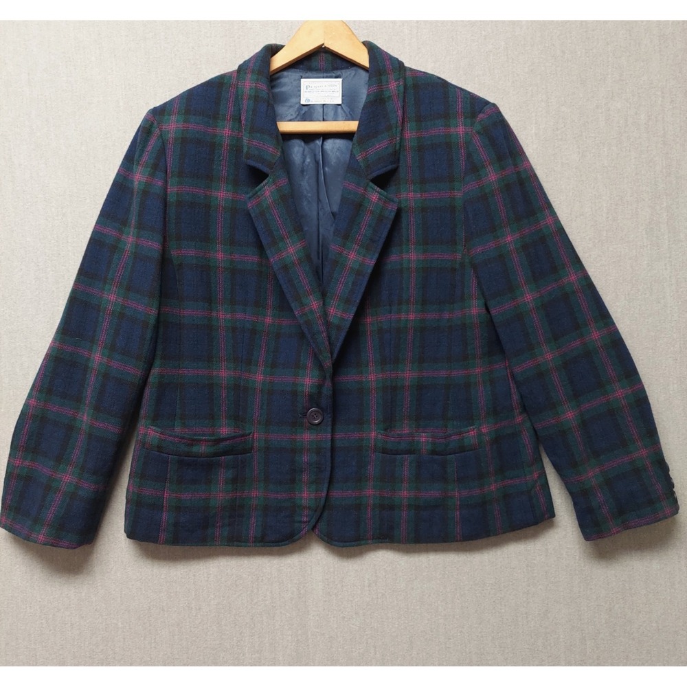 Pendleton Dark Green Plaid Wool Blazer with Navy and Maroon